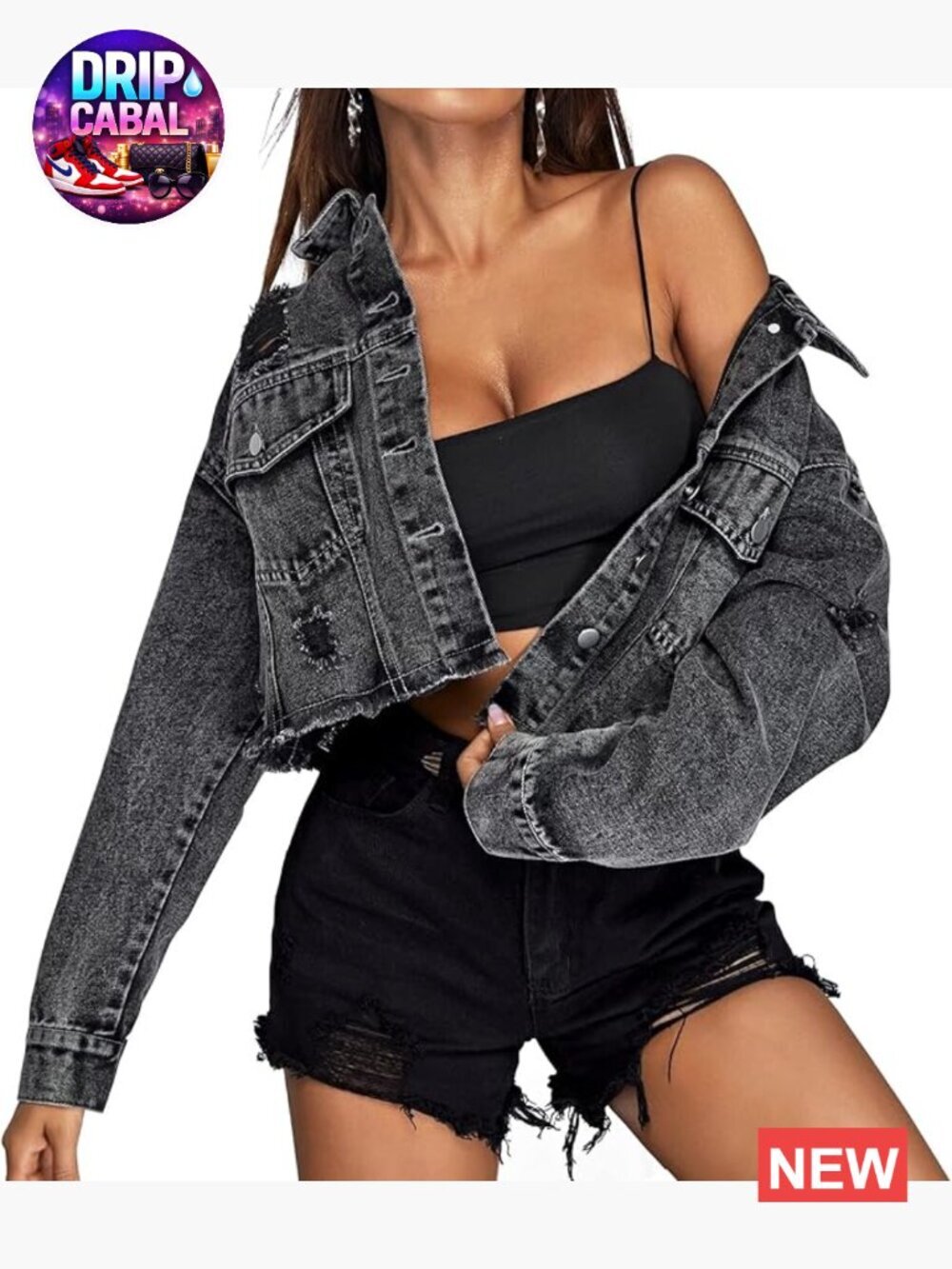 Women's Cropped Denim Jacket Distressed Button-Down Long Sleeve Ripped & Frayed